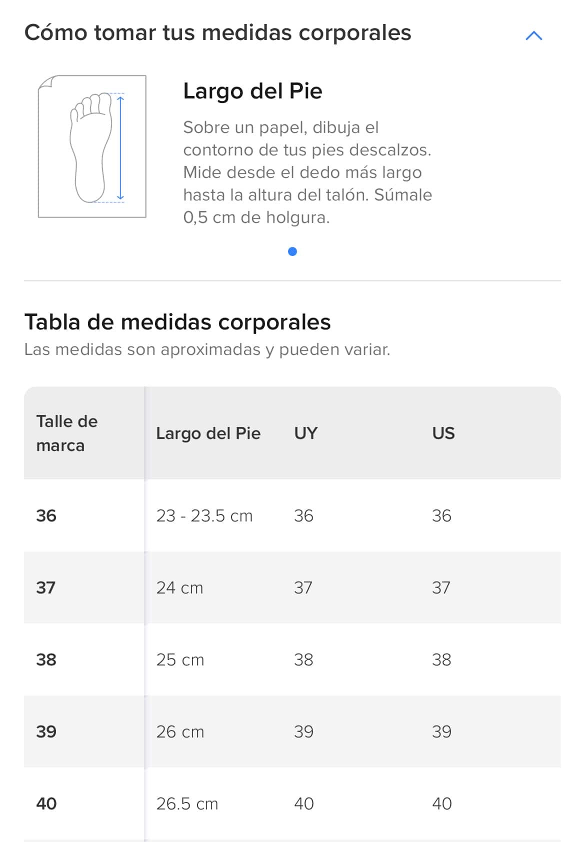 Guía de talles calzados