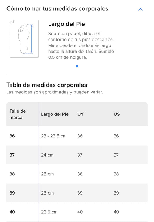 Guía de talles calzados