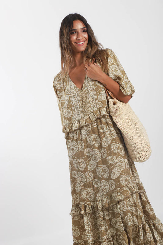 Vestido marrón estampado en seda fría